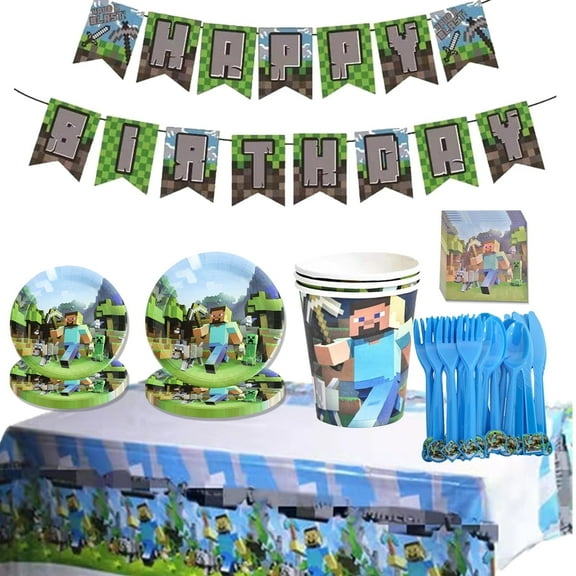 142 Pcs Pixel Birthday Party Supplies for Game Fans, Video Game Birthday Party Decorations,Minecraft Tableware Set Serves 20.