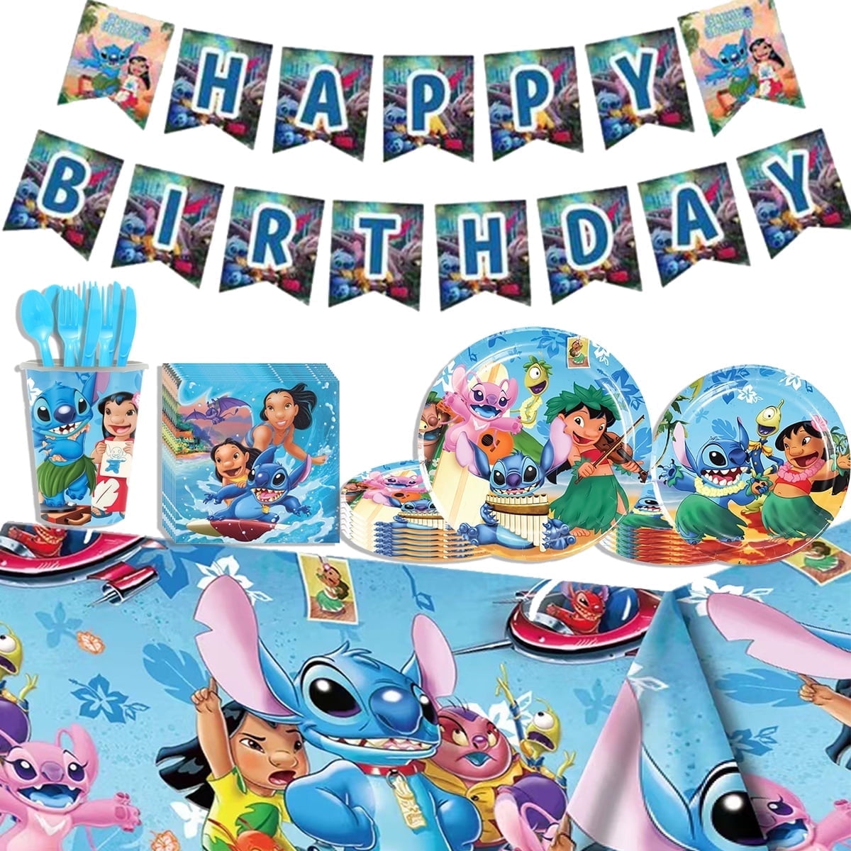JMOCD 142Pcs Blue Stitch Party Supplies Set,Stitch Tableware Set, Cartoon Theme Birthday Decorations With Banner, Table Cover, Plates, Napkins, Cups,Cutlery,Serves 20 Guests