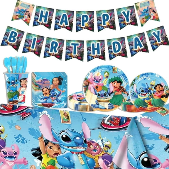 JMOCD 142Pcs Blue Stitch Party Supplies Set,Stitch Tableware Set, Cartoon Theme Birthday Decorations With Banner, Table Cover, Plates, Napkins, Cups,Cutlery,Serves 20 Guests