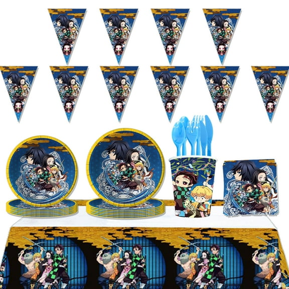 JMOCD 142Pcs Blue Demon Slayer Party Tableware Set, Birthday Party Supplies Decorations Set, tablecloth,Banner,Plates, Cutlery,Cups,20 Guests