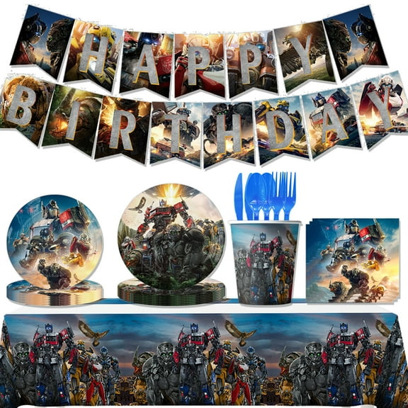 JMOCD 142Pcs Blue Transformers Party Tableware Set, Birthday Party Supplies Decorations Set, tablecloth,Banner,Plates, Cutlery,Cups,20 Guests