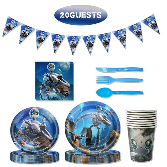 JMOCD 141Pcs Blue Wilderness Robot Party Tableware Set, Birthday Party Supplies Decorations Set,Banner,Plates, Cutlery,Cups,20 Guests