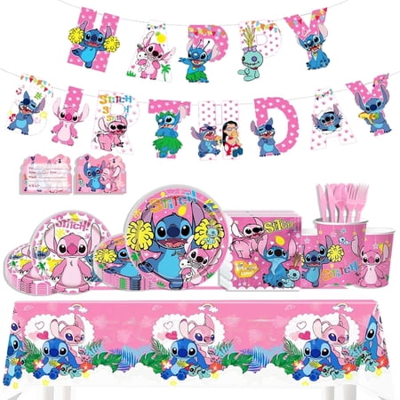 JMOCD 162Pcs Pink Stitch Party Supplies Set,Stitch Tableware Set, Cartoon Theme Birthday Decorations With Banner, Table Cover, Plates, Napkins, Cups,Cutlery,Invitation Card,Serves 20 Guests