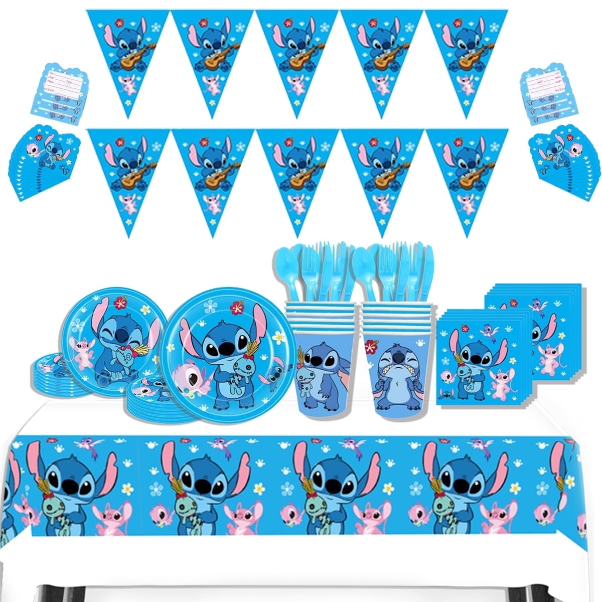 JMOCD 162Pcs Blue Stitch Party Supplies Set, Stitch Tableware Set, Cartoon Theme Birthday Decorations With Banner, Table Cover, Plates, Napkins, Cups,Cutlery,Invitation Card,Serves 20 Guests
