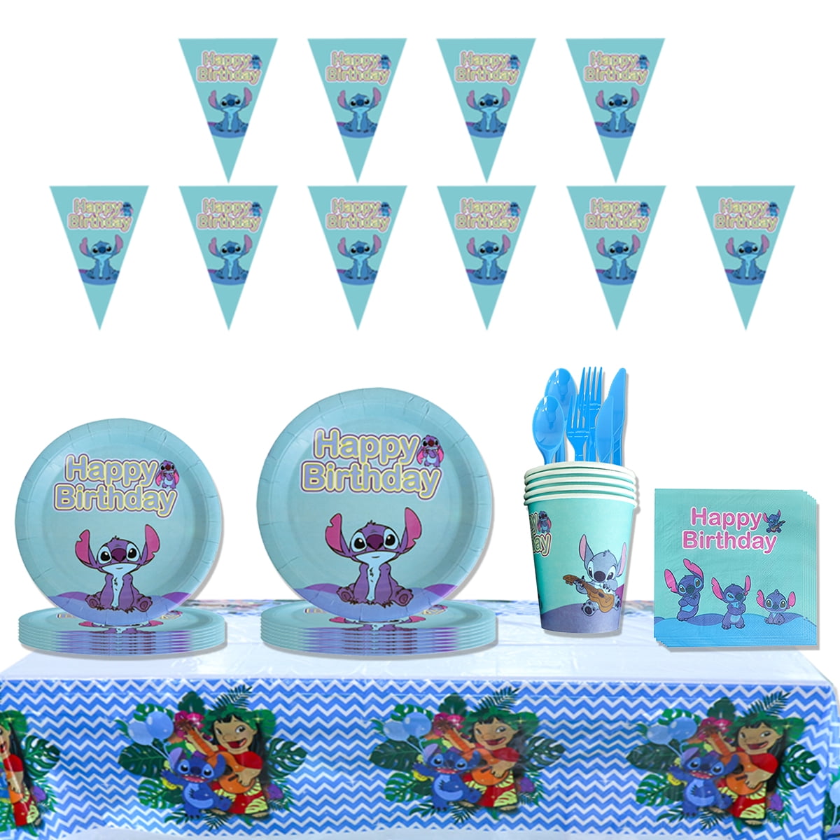 JMOCD 162Pcs Blue Stitch Party Tableware Set, Birthday Party Supplies Decorations Set, tablecloth,Banner,Plates, gift bag,Cutlery,Cups,20 Guests