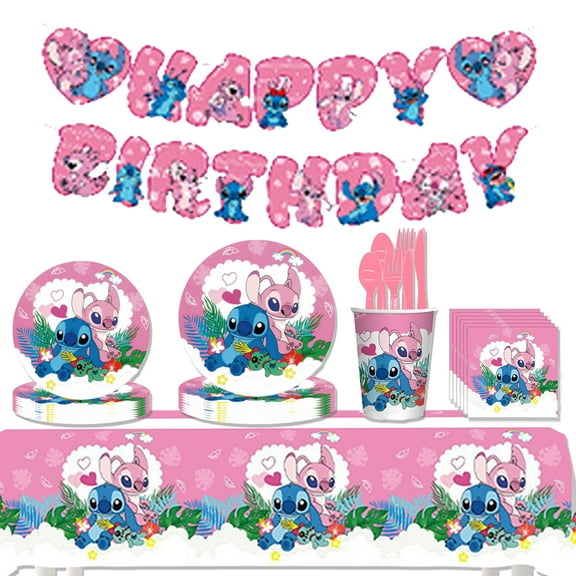 JMOCD 162Pcs Pink Stitch Party Tableware Set, Birthday Party Supplies Decorations Set, tablecloth,Banner,Plates, Invitation Card,Cutlery,Cups,20 Guests