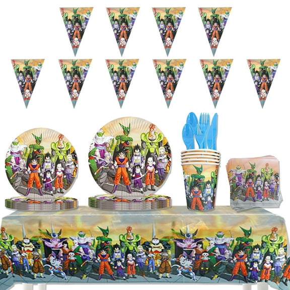 JMOCD 162Pcs Yellow Dragon Ball Party Tableware Set, Birthday Party Supplies Decorations Set, tablecloth,Banner,Plates, Invitation Card,Cutlery,Cups,20 Guests