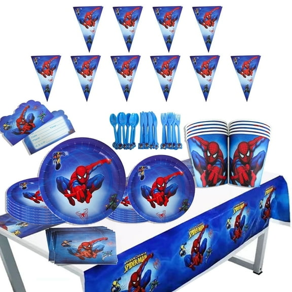JMOCD 162Pcs Blue Spiderman Party Supplies Set,Spiderman Tableware Set, Cartoon Theme Birthday Decorations With Banner, Table Cover, Plates, Napkins, Cups,Cutlery,Invitation Card,Serves 20 Guests