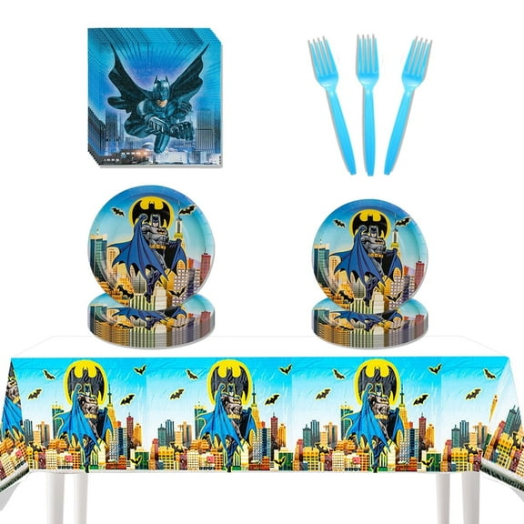 51 PCS Batman Birthday Decorations Party Supplies Serves 10 Guests Include Napkins,Plates,Table Cover,Forks for Boys Teens Me