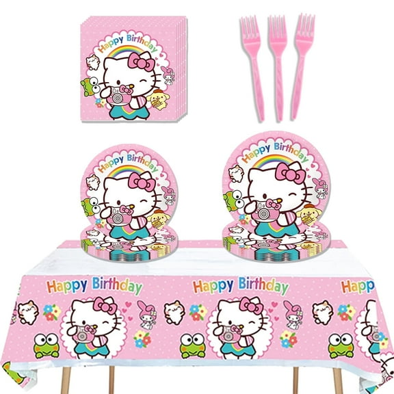 51 PCS Cute Pink Birthday Party Supplies, Cartoon Party Decorations Set,Hello Kitty Plates and Napkins for Girls Kitty Party Decorations