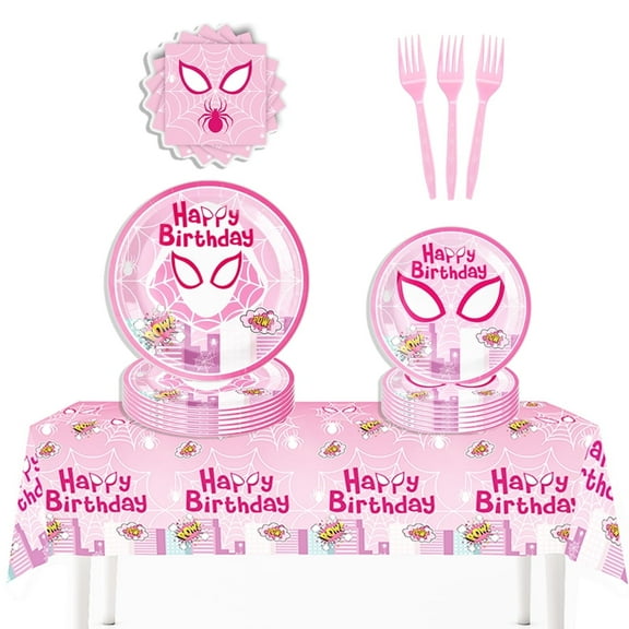 51 PCS Pink Spider Birthday Party Supplies, Super Girl Hero Gwen Plates Napkins Cups Banner Tablecloth Tableware Decorations for 10 Guests