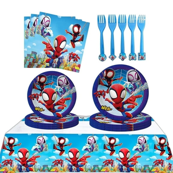 JMOCD 51Pcs Blue Spiderman Party Supplies Set,Spiderman Tableware Set, Cartoon Theme Birthday Decorations With Table Cover, Plates, Napkins,Cutlery,Serves 10 Guests