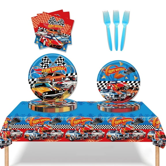 51 Pcs Hot Cars Wheels Birthday Party Supplies, Racing Cars Plates, Napkins,Table Cover ,Boys & Girls Birthday Decorations Forks for 10 Guests.