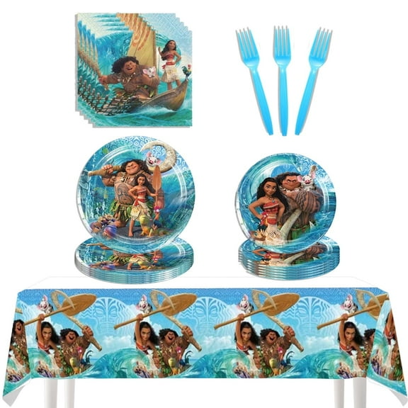 JMOCD 51Pcs Blue Moana Party Supplies Set, Moana Tableware Set, Cartoon Theme Birthday Decorations With Table Cover, Plates, Napkins,Cutlery,Serves 10 Guests