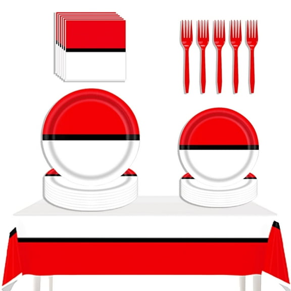 JMOCD 51Pcs Red Pokemon Party Supplies Set,Pokemon Tableware Set, Cartoon Theme Birthday Decorations With Table Cover, Plates, Napkins,Cutlery,Serves 10 Guests