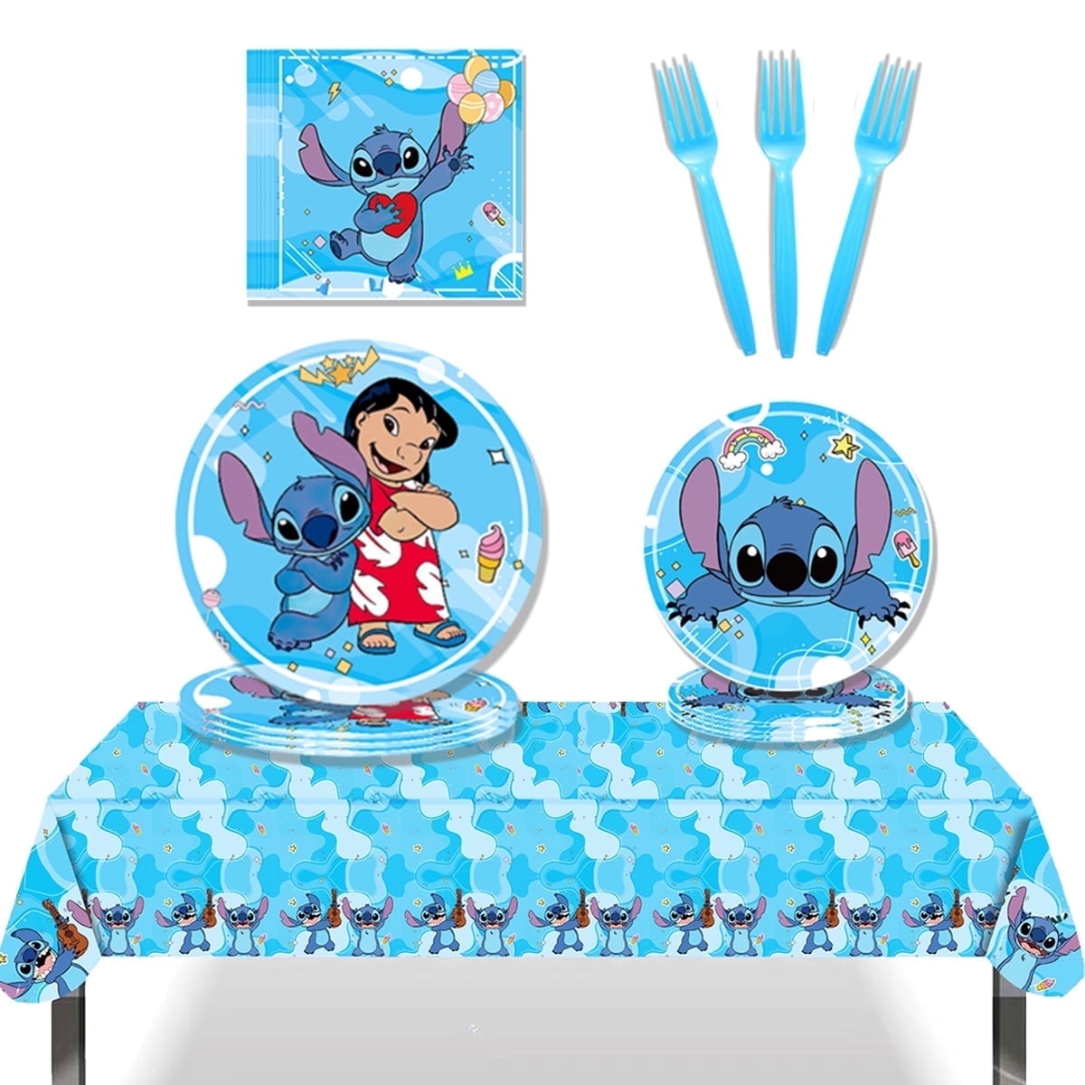JMOCD 51Pcs Blue Stitch Party Tableware Set, Birthday Party Supplies Decorations Set, tablecloth,Plates, Napkins,Cutlery,10 Guests