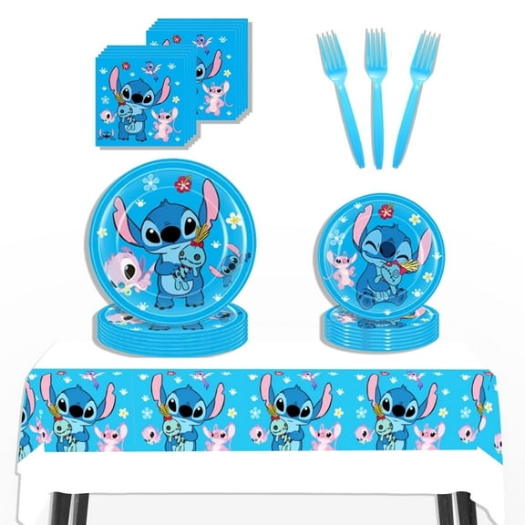 JMOCD 51Pcs Blue Stitch Party Tableware Set, Birthday Party Supplies Decorations Set, Tablecloth,Plates, Napkins,Cutlery,10 Guests