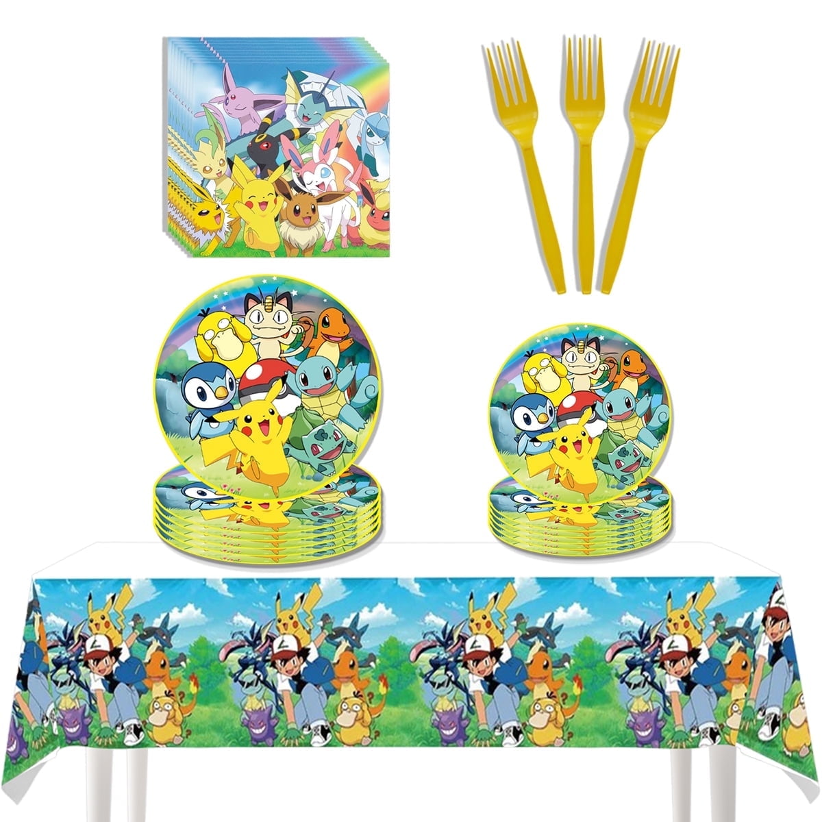 51PCS Pokemon Birthday Party Tableware - Cartoon Animation 20 Plates 20 Napkin 10 Forks and Tablecloth,Cartoon Animation Birthday Party Supplies