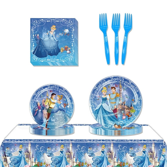 JMOCD 51Pcs Blue Cinderella Party Tableware Set, Birthday Party Supplies Decorations Set, tablecloth,Plates, Napkins,Cutlery,10 Guests