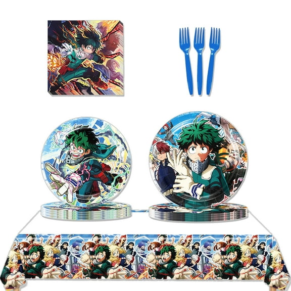 JMOCD 51Pcs Blue My Hero Academia Party Tableware Set, Birthday Party Supplies Decorations Set, tablecloth,Plates, Napkins,Cutlery,10 Guests