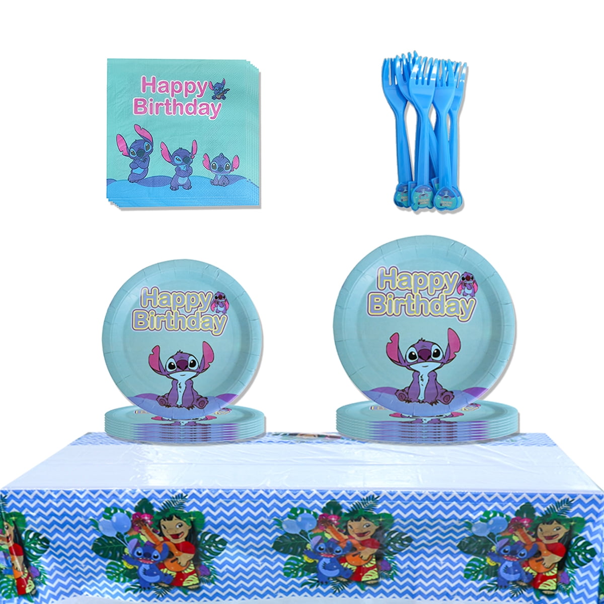 JMOCD 51Pcs Blue Stitch Party Tableware Set, Birthday Party Supplies Decorations Set, tablecloth,Plates, Napkins,Cutlery,10 Guests
