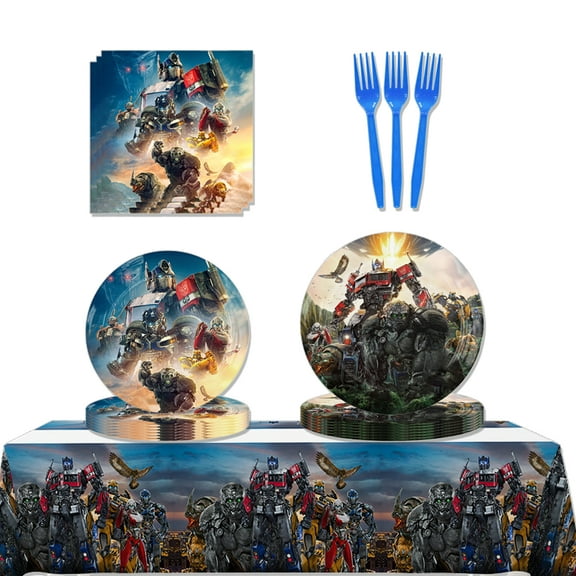 JMOCD 51Pcs Blue Transformers Party Tableware Set, Birthday Party Supplies Decorations Set, tablecloth,Plates, Napkins,Cutlery,10 Guests