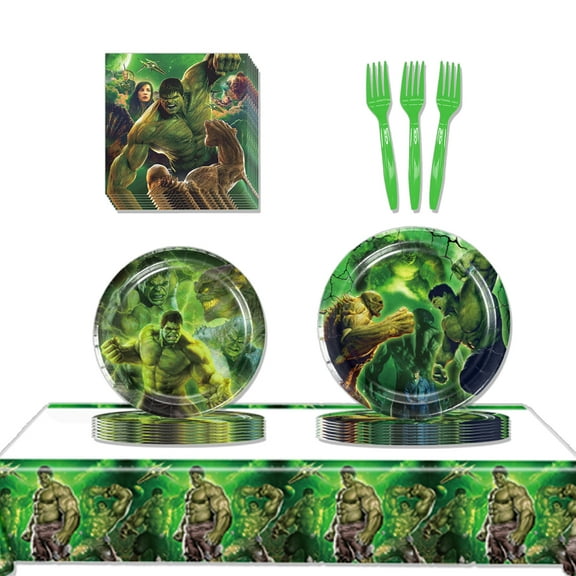 JMOCD 51Pcs Green Hulk Party Tableware Set, Birthday Party Supplies Decorations Set, tablecloth,Plates, Napkins,Cutlery,10 Guests