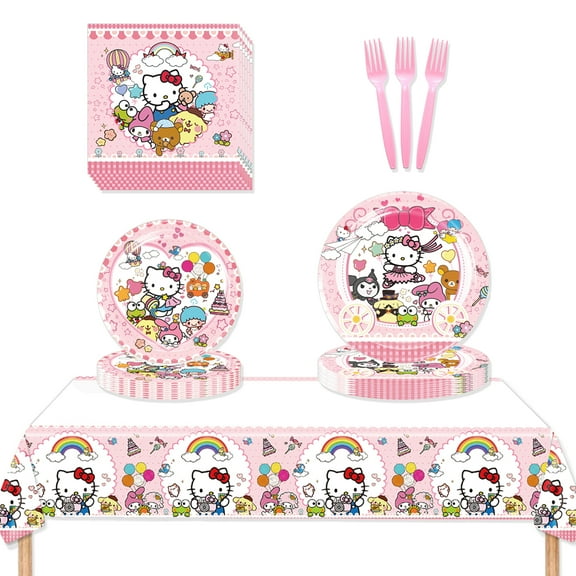 JMOCD 51Pcs Pink Sanrio Party Tableware Set, Birthday Party Supplies Decorations Set, tablecloth,Plates, Napkins,Cutlery,10 Guests
