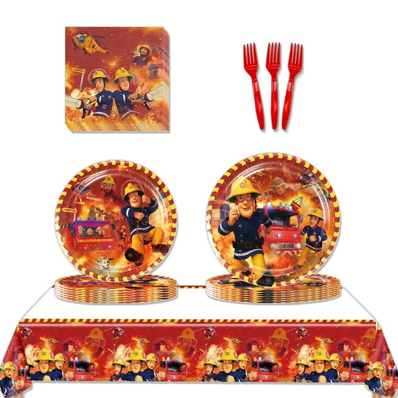 JMOCD 51Pcs Red Fireman Sam Party Tableware Set, Birthday Party Supplies Decorations Set, tablecloth,Plates, Napkins,Cutlery,10 Guests