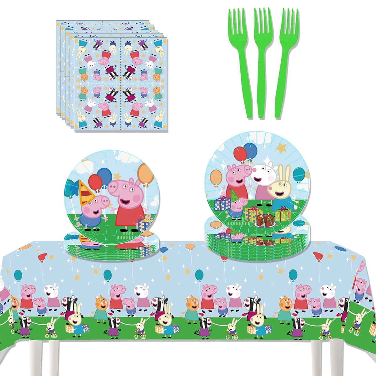 51Pcs green Peppa Pig Birthday Party Supplies, Party Decorations Set Include 20 Plates, 20 Napkins ,10 Forks and 1 Tablecover for 10 Guests