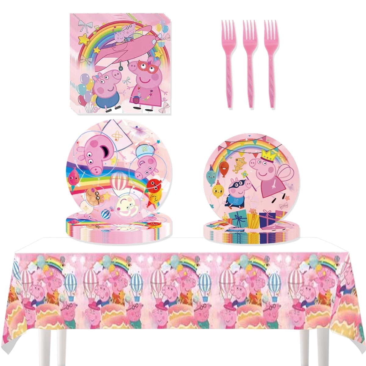 JMOCD 51Pcs Pink Peppa Pig Party Tableware Set, Birthday Party Supplies Decorations Set, Tablecloth,Plates, Napkins,Cutlery,10 Guests
