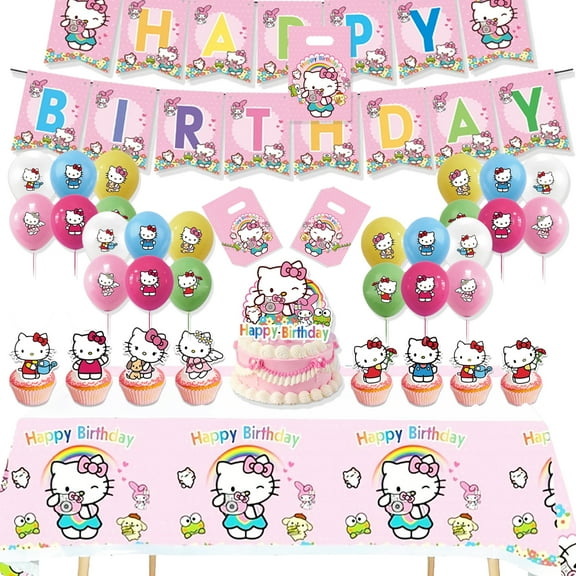 JMOCD 55 pcs Kawaii Kitty Birthday Decorations,Kitty Girls birthday party balloons, Include Banner, Balloons, Cake Cupcake Toppers, Tablecloth for Girls Kitty Theme Party
