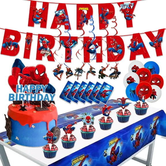 JMOCD 61 Pcs Spiderman Birthday Party Supplies and Decorations Include Happy Birthday Banner, Latex Balloon, Hanging Swirl Spiral, Cake Toppers,Gift Bags,Tablecloth for Boys Girls Spidey Theme Party