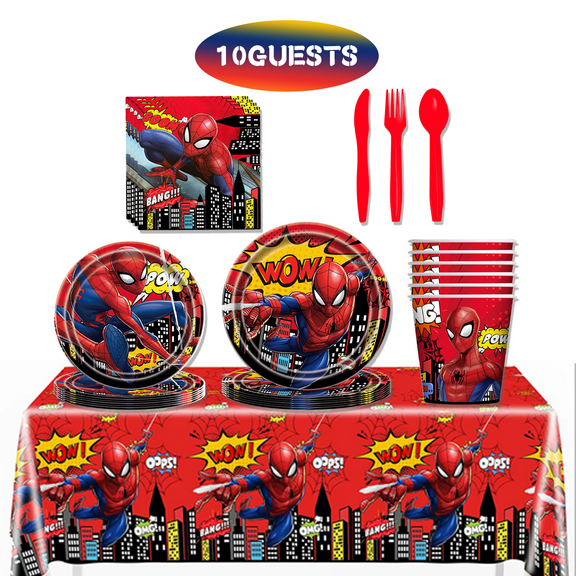 JMOCD 81Pcs Red Spiderman Party Supplies Set,Spiderman Tableware Set, Cartoon Theme Birthday Decorations With Table Cover, Plates, Napkins, Cups,Cutlery,Serves 10 Guests