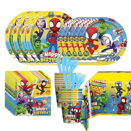 JMOCD 81Pcs Yellow Spiderman Party Supplies Set,Spiderman Tableware Set, Cartoon Theme Birthday Decorations With Table Cover, Plates, Napkins, Cups,Cutlery,Serves 10 Guests