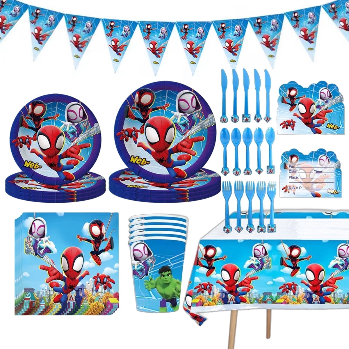 JMOCD 162Pcs Blue Spiderman Party Supplies Set,Spiderman Tableware Set, Cartoon Theme Birthday Decorations With Banner, Table Cover, Plates, Napkins, Cups,Cutlery,Invitation Card,Serves 20 Guests