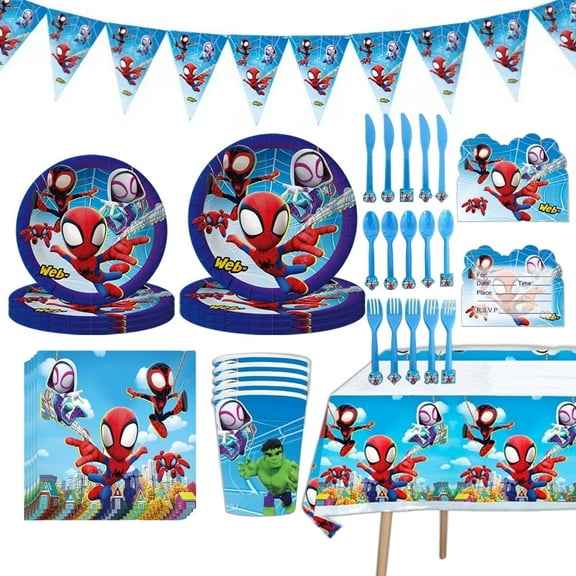JMOCD 162Pcs Blue Spiderman Party Supplies Set,Spiderman Tableware Set, Cartoon Theme Birthday Decorations With Banner, Table Cover, Plates, Napkins, Cups,Cutlery,Invitation Card,Serves 20 Guests