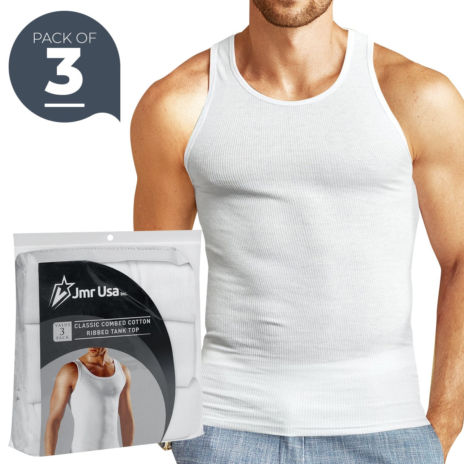 Value Packs of Men's Black & White Ribbed 100% Cotton Tank Top A Shirts  Undershirt (M, 3 Pack White) 