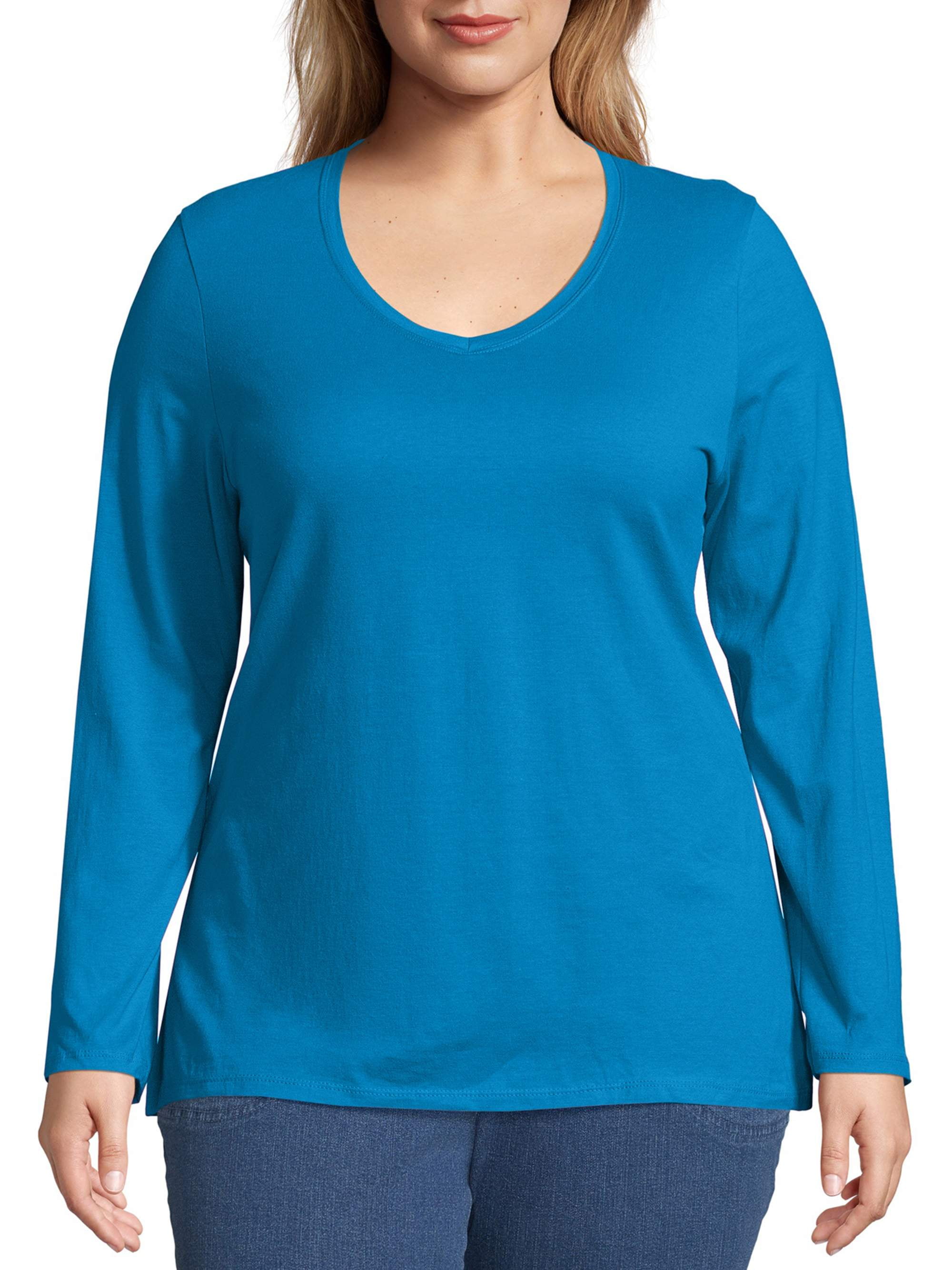 Ladies Plus Size Long Sleeve V-Neck T Shirt Cotton Womens Top Tee