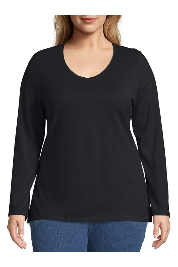 JMS by Hanes Plus-Size Women's Long-Sleeve V-neck Tee