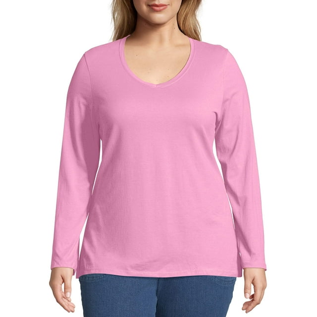 Hanes Women's Long Sleeve VNeck Cotton TShirt (Plus Size) Pink Swish