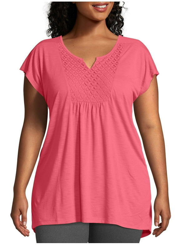 JMS by Hanes Women's Plus Size Slub Crochet Bib Tunic