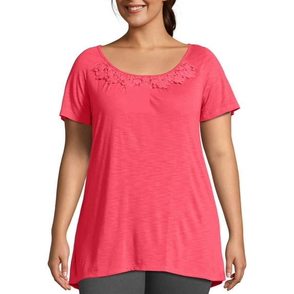 JMS by Hanes Women's Plus Size Slub Crochet Trim Tunic