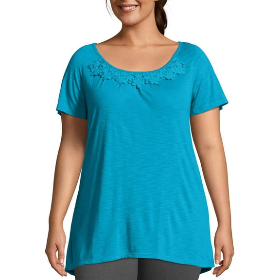 JMS by Hanes Women's Plus Size Slub Crochet Trim Tunic