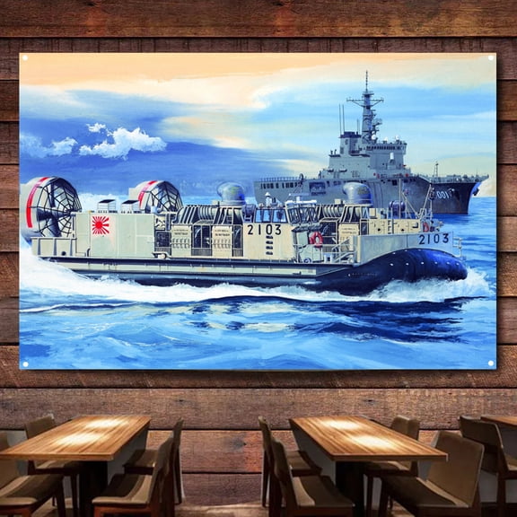 JMSDF LCAC Landing Craft Air Cushion Battleship Wall Art Banners Hanging Flags Wall Chart Warship Military Art Poster Canvas Print Art Painting Room Office Home Decor Tapestry,38X57 inches