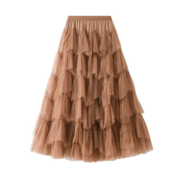 JMSUN Tulle Skirts for Women High Waist Layered Floral Print Brown Skirt Mesh A-Line Midi Layered Ruffles Mesh Skirt
