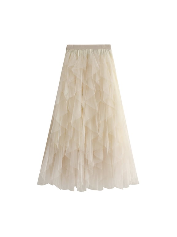 Tulle Skirts for Women Layered Ruffles Tulle Skirt Pleated High Waist Fluffy Maxi Skirt Fairy Cake Dress Long Tutu Party Skirt