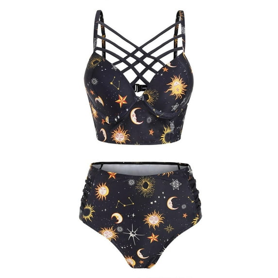 JMSUN Women Sun Star Moon Bathing Suit Two-Piece Underwire Criss Cross High Waisted Bottom Swimsuit Racerback Vintage Bikini Swimwear