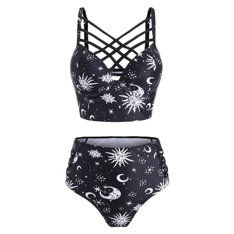 JMSUN Women Sun Star Moon Bathing Suit Underwire Criss Cross High Waisted Bottom Swimsuit Racerback Vintage Two Piece Bikini Swimwear