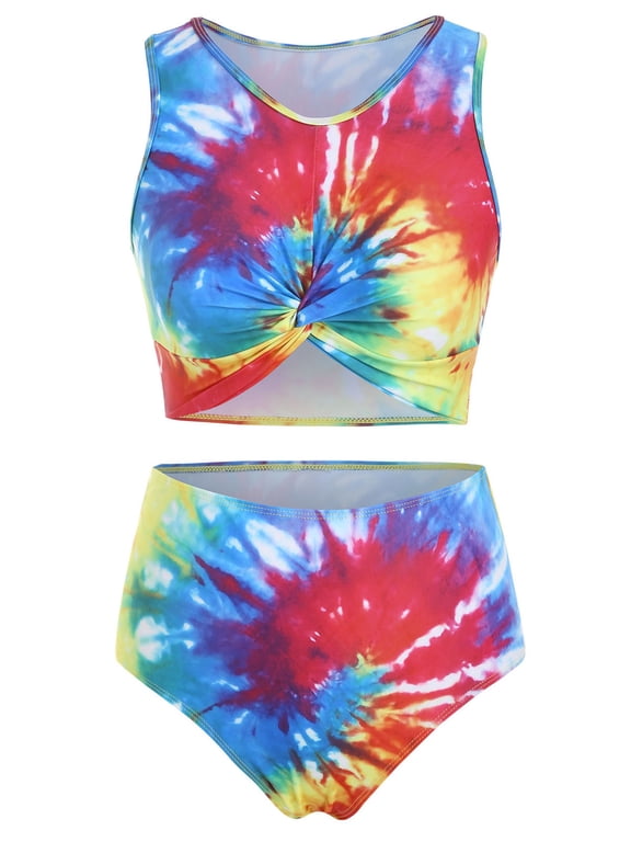 Women's Bathing Suit High Waist Summer Twist Front Tie Dye Padded Tankini Swimsuit